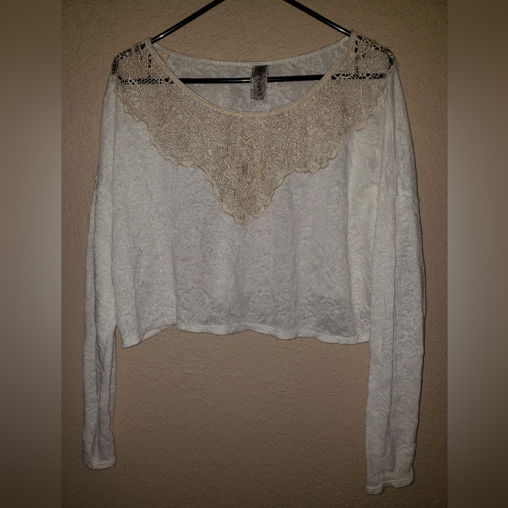 Free People Cropped Oversized Pullover Tee Lace Cream Ecru S Loose